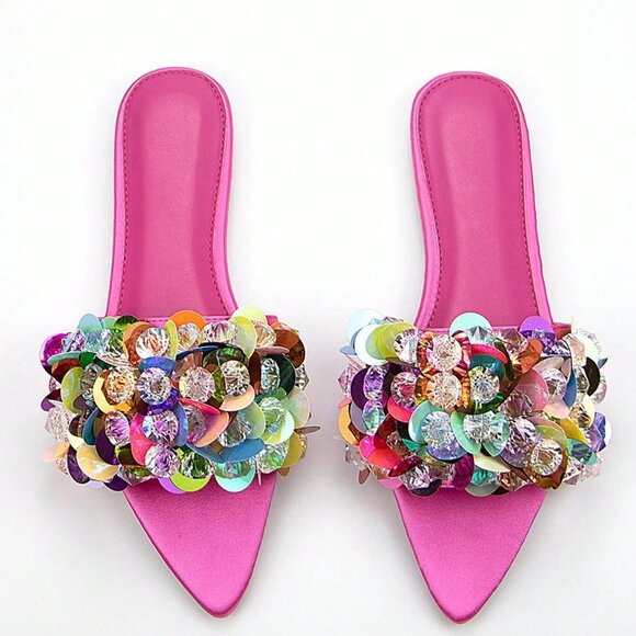 Shoes - Hot Pink Gorgeous Women's Beaded Floral Satin Mule Sandals